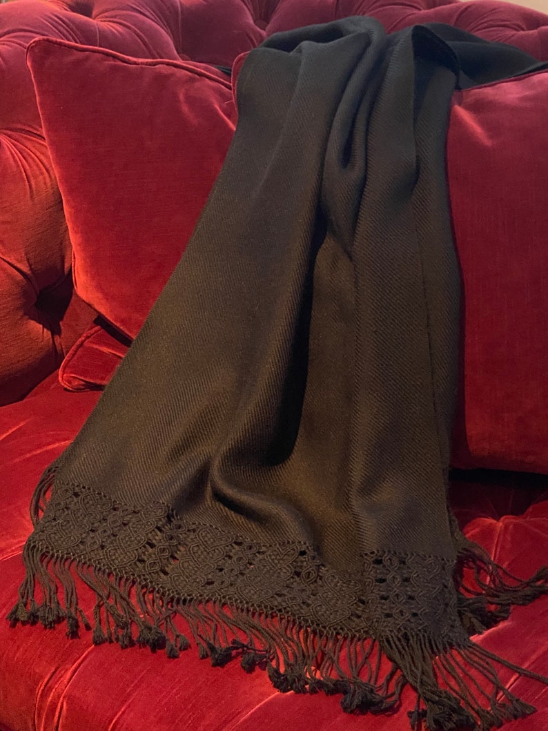 Stunning hand-made black shawl with macrame 6x2 image 2