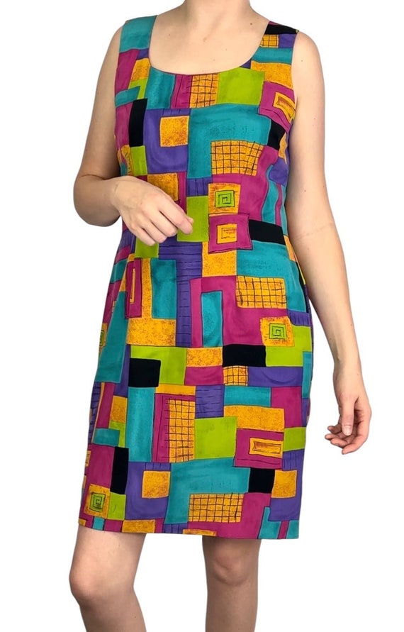 Vintage John Roberts Colorful Patchwork Geo Dress 