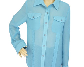 Vintage Evan-Picone Crepe Shirt Womens Size M Blue Button Long Sleeve Pocket