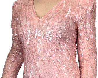 Vintage 80s 100% Natural Silk Blush Pink Sequin Dress Size S Maxi Long Sleeve