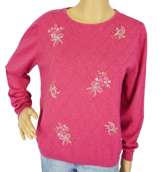 Vintage Alfred Dunner Pink Embroidered Beaded Swea