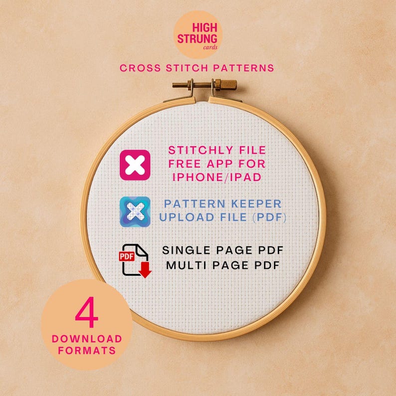 K&ouml;nnte beinhalten: Ein h&ouml;lzerner Stickrahmen mit wei&szlig;em Aida-Stoff und dem Text HIGH STRUNG cards, CROSS STITCH PATTERNS, STITCHLY FILE FREE APP FOR IPHONE/IPAD, PATTERN KEEPER UPLOAD FILE (PDF), SINGLE PAGE PDF, MULTI PAGE PDF und 4 DOWNLOAD FORMATS.