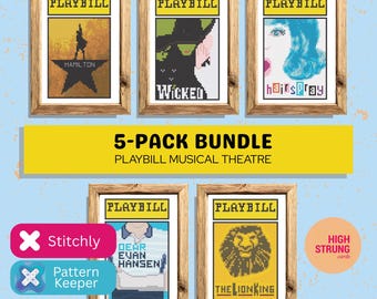 5-Pack Musical Theatre Playbill Cross Stitch Pattern PDF | Digital Download | Easy Cross Stitch Chart | xStitch Pattern