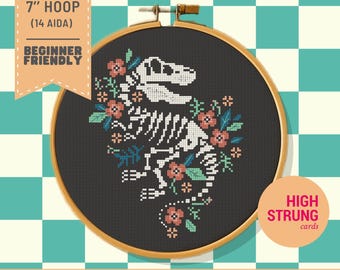 T-Rex Skelett Blumen Kreuzstichmuster | Einfacher PDF Download