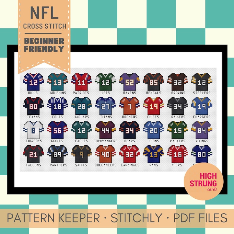K&ouml;nnte beinhalten: Ein Kreuzstichmuster mit Pixel-Art von zweiunddrei&szlig;ig NFL-Trikots, die jeweils mit dem Teamnamen und einer Spielernummer beschriftet sind. Das Design enth&auml;lt den Text NFL CROSS STITCH BEGINNER FRIENDLY, HIGH STRUNG cards und PATTERN KEEPER STITCHLY PDF FILES.