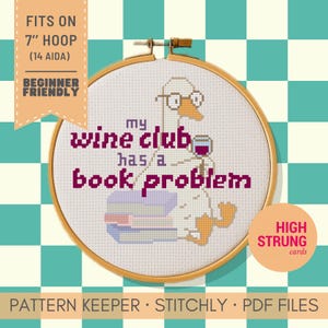Kruissteekpatroon wijnboekenclub | Grappige gans lezen, drinken (pdf-download)