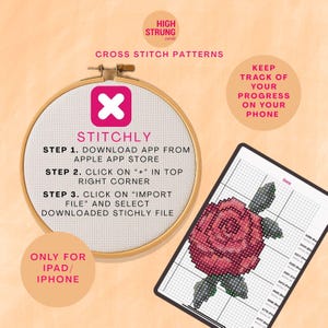 K&ouml;nnte beinhalten: Ein h&ouml;lzerner Stickrahmen mit wei&szlig;em Stoff und Anweisungen f&uuml;r die Stitchly-App, einschlie&szlig;lich der Schritte zum Download aus dem Apple App Store. Ein Tablet zeigt ein digitales Kreuzstich-Rosenmuster mit einer Farblegende f&uuml;r iPad und iPhone.