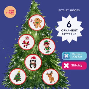 May include: Christmas ornament patterns displayed on a Christmas tree. The ornaments are round with red trim and feature a gingerbread man, Santa, an elf, a penguin, a Christmas tree, and a reindeer. The text reads "FITS 3" HOOPS" and "6 ORNAMENT PATTERNS."