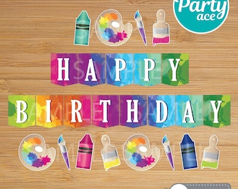 Art Birthday Party Painting Printable Happy Birthday Banner Watercolor Color Crayons Back to School Digital Birthday Party Decoration