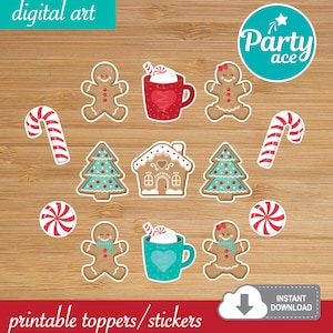 Gingerbread Christmas Printable Toppers, Christmas Stickers, Christmas tree ornaments, Instant Download Labels, Card Decoration