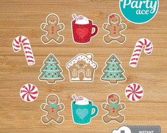 Gingerbread Christmas Printable Toppers, Pegatinas de Navidad, Adornos para árboles de Navidad, Etiquetas de descarga instantánea, Decoración de tarjetas