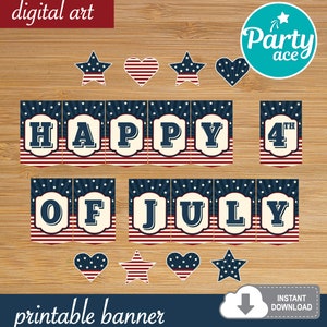 Happy 4th of July Printable Vintage Style Banner Independence Day Party Decoration