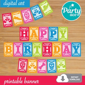 Mexican Happy Birthday Printable Banner for Party Decoration Coco Printable Banner Fiesta Mexicana Papel Picado Cinco de Mayo Coco Party