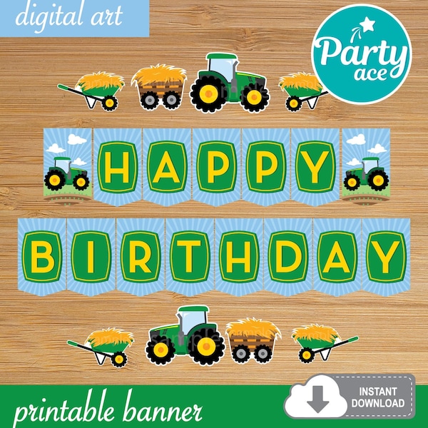 Green Farm Tractor Happy Birthday Printable Banner Green Tractor Birthday Party Decoration