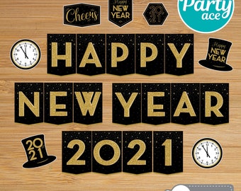 Happy New Year 2021 Banderiners para imprimir y decorar la celebración de Año Nuevo