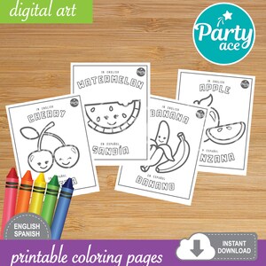 Fruits Coloring Printable Pages for kids in English and Spanish for Learning Activities at Home or at School