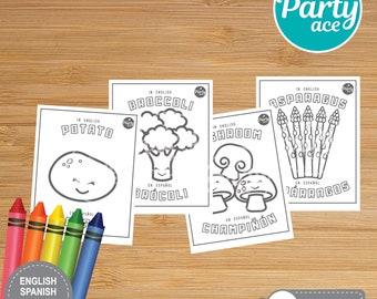 Vegetables Coloring Printable Pages for kids in English and Spanish for Learning Activities at Home or at School