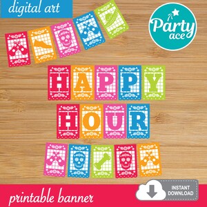 Mexican Happy Hour Printable Banner for Party Decoration Printable Banner Fiesta Mexicana Papel Picado Cinco de Mayo Coco Party
