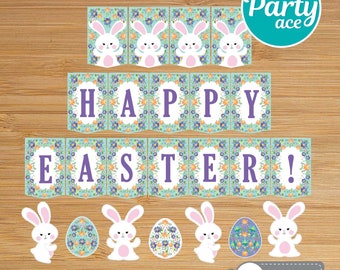 Happy Easter Banner Printable Sign for Easter Egg Hunt with Bunnies Easter Party Decoration