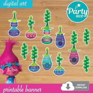 Trolls Forest Village and Happy Birthday Printable Banner
