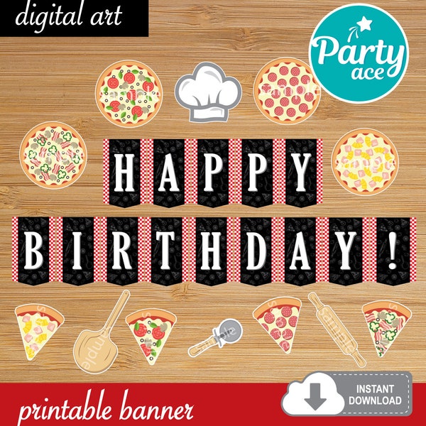 Pizza Party Happy Birthday Printable Banner Italian Pizza Chef Birthday Party Decoration