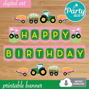 Green Farm Tractor Happy Birthday Printable Banner Pink Tractor for a Girl Birthday Party Decoration