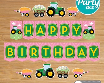 Tractor de Granja Verde Banner Imprimible de Feliz Cumpleaños Tractor Rosa para Decoración de Fiesta de Cumpleaños de Niña