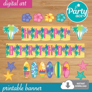 Surf Summer Tropical Beach Printable Happy Birthday Banner - Etsy