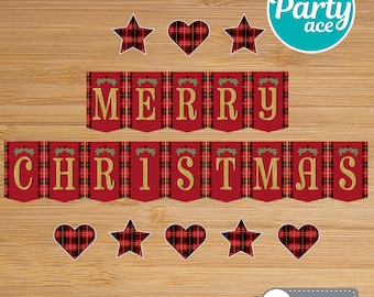 Merry Christmas Plaid Pattern Printable Banner Cozy Decoration for Holidays Celebration