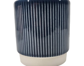 Blue Ribbed Glazed Ceramic Planter / House Plant Pot