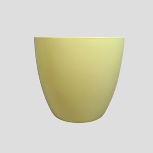 May include: A pale yellow plastic plant pot. The pot is round and has a smooth, glossy finish.