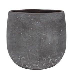 May include: A grey ceramic planter with a textured surface. The planter has a rounded shape and a wide opening.