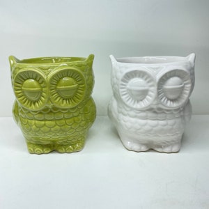 May include: Two ceramic owl planters, one green and one white. Both owls have large eyes and a textured surface.