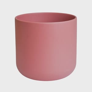 May include: A cylindrical, blush pink ceramic planter with a smooth, matte finish. The planter has a rounded base and a wide opening, suitable for various plants. The simple design makes it a versatile piece for home decor.