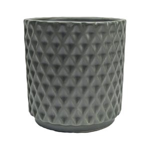 May include: A dark grey ceramic planter with a diamond pattern. The planter is cylindrical and has a smooth, matt finish.