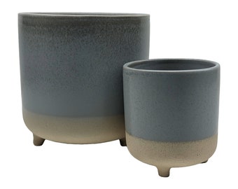 Sky Blue Footed Ceramic Plant Pot - Indoor Planter with three feet and in two tone colour.