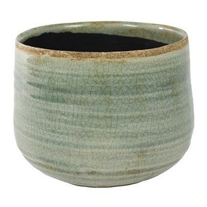 May include: A light green ceramic planter with a crackled glaze finish. The planter has a rounded shape and a slightly flared rim.