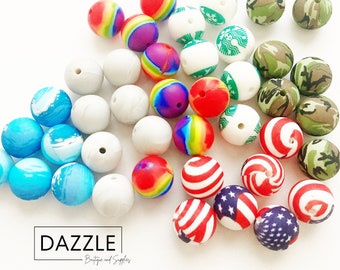 PRINTED Silicone Beads - For Beadable Pens, Keychains - Pick Print or Random Mix: Ocean, Camo, Flag, Rainbow, Marble, Coffee