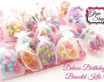 Shopkins Bracelet Kit Party Favor Set, DIY Bead Kit: Beads, Shopkins Charm, Elastic.  Birthday Party Box DELUXE PACKAGE w/ organza bags