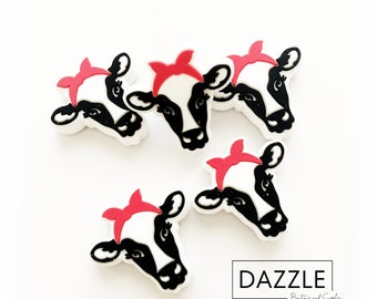 Silicone Focal Beads - COW w/ RED BOW Focal Bead - For Beadable Pens, Keychains - Choose Quantity 2pcs or 5pcs