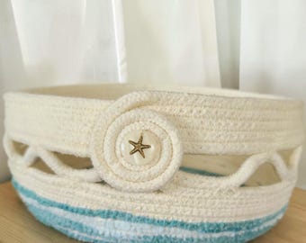 Handmade Coastal Natural Rope Bowl, Blue Yarn Lattice, Starfish Shell Accent