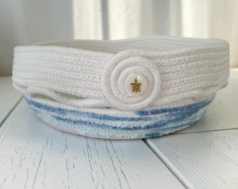 Handmade Coastal Rope Bowl, White Blue Yarn Lattice, Turtle Shell Accent