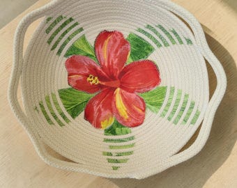 Tropical Hibiscus Rope Tray 10x2 Handles Cotton Applique Catchall Bowl