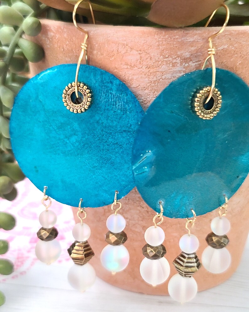 Boho Hippie Earrings Ethnic Earrings Capiz shell earrings Beaded Earrings sea shell earrings Statement earrings Round earrings