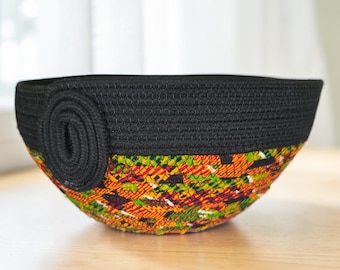 Handmade Coiled Rope Bowl, Black Orange African Fabric, 9 Inch Planter