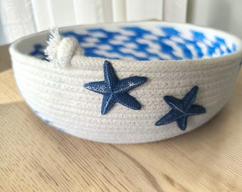 Handmade Coastal Rope Bowl, White Silk Ribbon Wave, Blue Starfish Accents