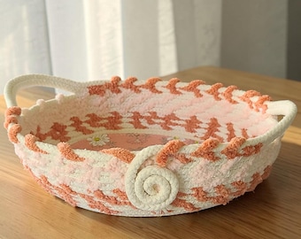 Handmade Peach Rope Tray, Daisy Fabric and Yarn, 9 Inch Gift Basket