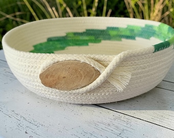 Handmade Rope Bowl, Green Batik Fabric, Wood Leaf Accent, 8.5 Inch Tray