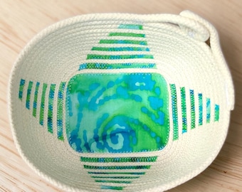 Handmade Rectangular Rope Bowl, Green Teal Batik Fabric, Coastal Gift Basket