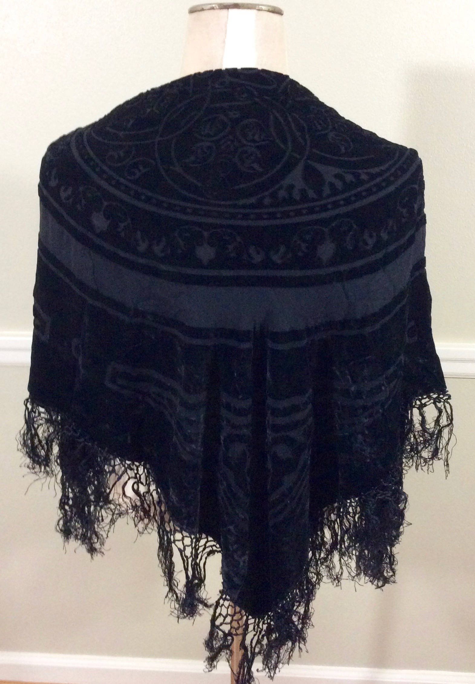 Vintage Eastern black silk piano shawl wrap with fringe small table covering fiber art